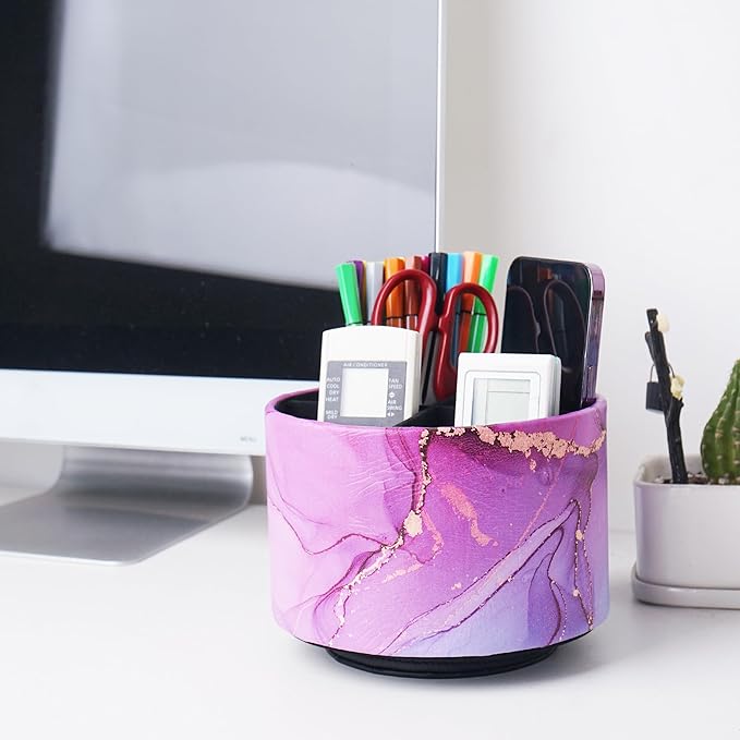 Round Leather Art Supply Organizer,Remote Control Holder,360-degree Rotating Pen Organizer with 4 Compartments(1-Purple Blue Splash Ink)-DeskLoop Office