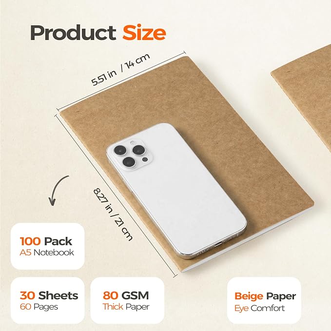 100 Pack Kraft Notebooks Bulk A5, 60 Pages Lined Ruled Journals, 8.3x5.5 Inches - Image 2