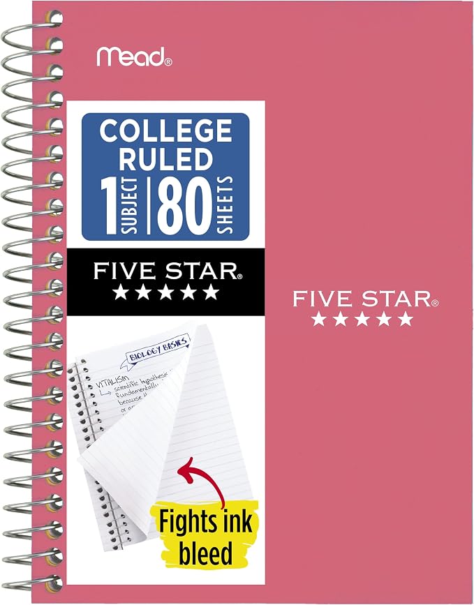 Five Star Spiral Notebook, 1 Subject, College Ruled Paper, 4-3/8" x 7" by FiveStar