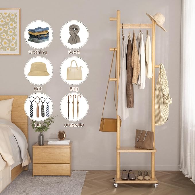 Coat Rack Freestanding Clothing Rack with Wheels & 2 Shelves Storage & 5 Hooks Heavy Duty Clothes Rack Wood Coat Tree Stand Hat Hanger Rack for Corner Bedroom Entryway Living Room Hotel-DeskLoop Office