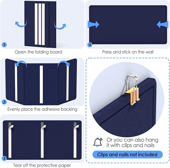 MaxGear Bulletin Board 35" x 17.5", Foldable Felt Board Vision Board Supplies, Cork Board for Office, Home, School, Small Pin Boards for Walls Decorative Picture Framed Display Board Dark Blue-DeskLoop Office