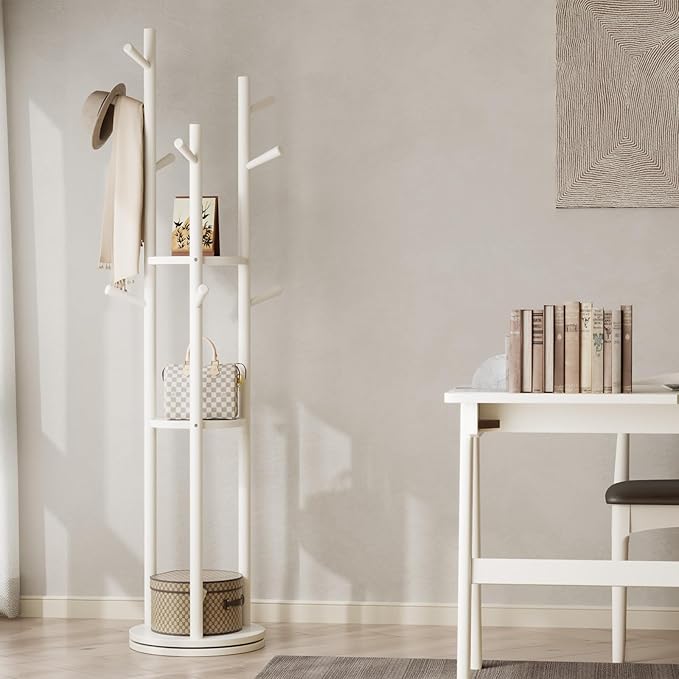 Solid Wood Rotary Coat Rack, Freestanding Coat Rack with 3 Shelves and 9 Hooks, Coat tree for Bedroom, Entryway, Livingroom, Coat Hanger Stand for Coats, Scarves, Handbags (White)-DeskLoop Office
