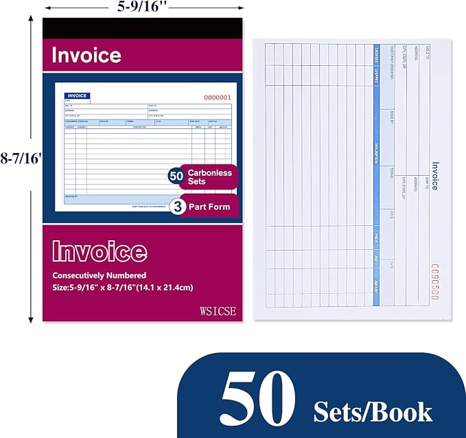 6 Pack Invoice Receipt Book, 3-Part Carbonless, 5-9/16" x 8-7/16" Invoice Book - Image 2