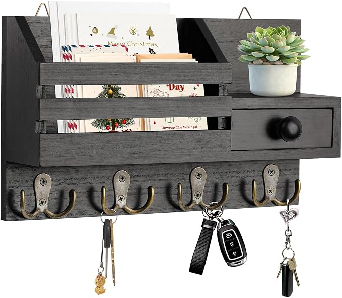 Key Holder Wall Mount, Wooden Adhesive Mail and Key Organizer by HOMEBROS