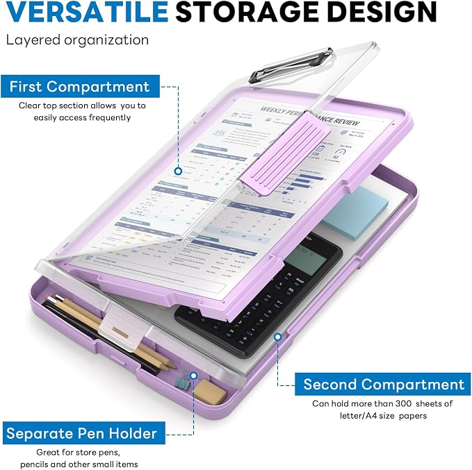 Clipboard with Storage and Pen Holder, Light Purple 8.5 x 11'' Folder Side Open - Image 3