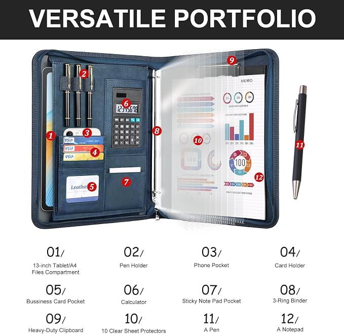 Leathario Portfolio Binder, 3-Ring Folder Organizer, Includes 5 Sheet - Image 6