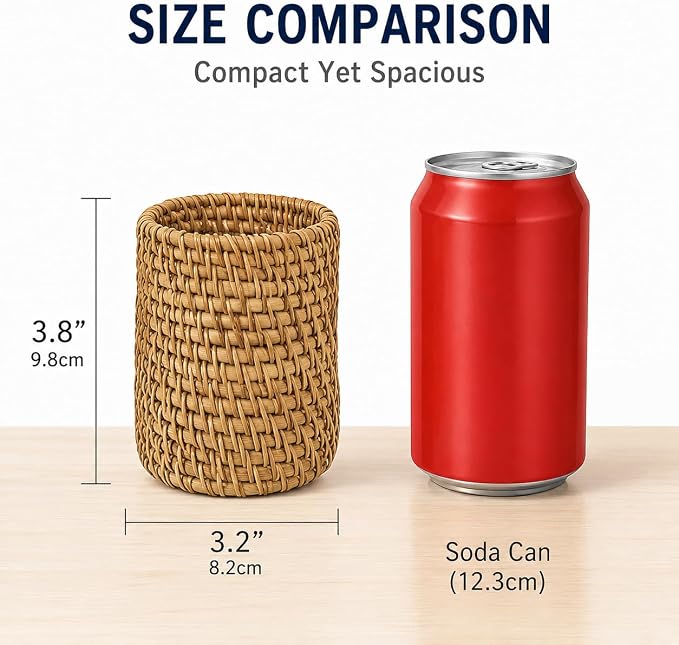 Wicker Rattan Pencil Holder, Cylindrical Desk Organizer Cup, Natural Brown - Image 2