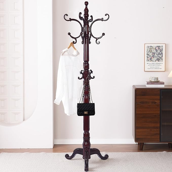 Wooden Coat Racks, Retro 78" Coat Tree with 14 Hooks & Stable Triangular Base, Entryway Coat Rack Freestanding for Hat, Clothes, Scarves, Handbags, Umbrella (Mahogany)-DeskLoop Office