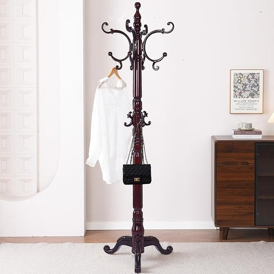 Wooden Coat Racks, Retro 78" Coat Tree with 14 Hooks & Stable Triangular Base, Entryway Coat Rack Freestanding for Hat, Clothes, Scarves, Handbags, Umbrella (Mahogany)-DeskLoop Office