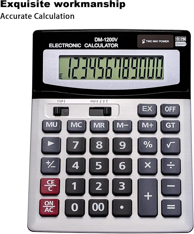12 Digit Desktop Calculator with Large LCD Display and Sensitive Button, Dual Solar Power and Battery, Standard Function for Office (YE1200v)-DeskLoop Office