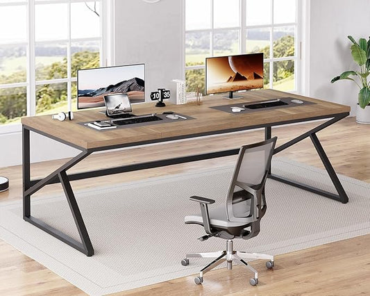 HSH Extra Large Home Office Desk, Rustic Wood and Metal Computer Desk for 2 People, 78 Inch Long Executive Writing Study Gaming Double Desk Workstation, Bedroom Living Room PC Table for 2 Monitors-DeskLoop Office