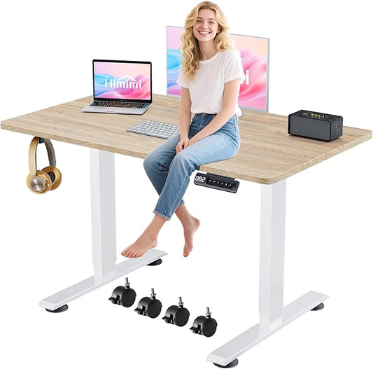 Himimi Electric Standing Desk 48 x 24 inch for Home Office,Sit-Stand Adjustable Desk with Memory Presets,Height Adjustable Desk for Gaming/Working,Free Hook, Lockable Wheels,Oak-DeskLoop Office