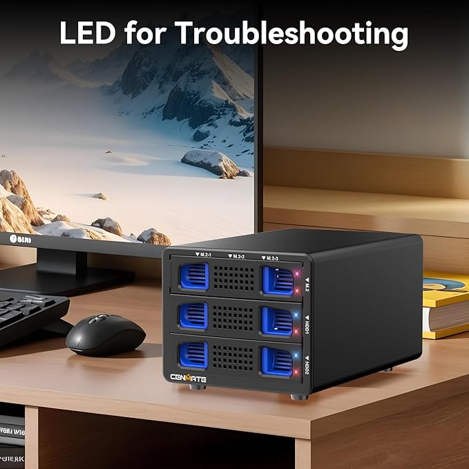 Hybrid 2*2.5/3.5" SATA HDD/SSD+3* M / B+M Key M.2 NVMe Enclosure with Cooling Fan and USB A/C 3.2 Gen 2, Hard Drive Enclosure Support 68TB(2*22TB HDD+3*8TB 2230/2242/2260/2280/22110 SSDs)-DeskLoop Office