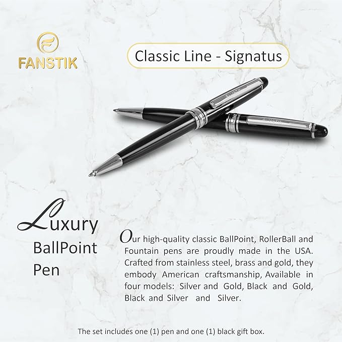 Customized BallPoint pen with name (MADE IN USA), stainless steel, black and silver, luxury engraved pen personalized for men and for women. (BallPoint Black-Silver)-DeskLoop Office