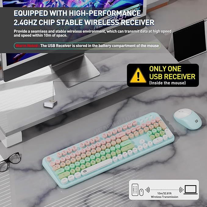 FD 2.4GHz Wireless Keyboard and Mouse Set with Switch Button - Full-Size Keyboard - Compatible for Windows/Laptop/PC/Notebook/Smart TV and More - Blue White Colorful-DeskLoop Office