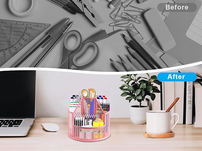 Sturdy Rotating Pen Holder, Cute Metal Pencil Holder, Large Mesh Pen Organizer for Desk, Premium Friendly Office Desk Accessories & Workspace Organizers, Pink-DeskLoop Office