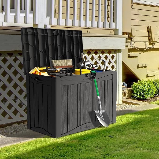 45 Gallon Lockable Resin Deck Box, Waterproof & UV-Resistant Outdoor Storage Box for Outdoor Cushion Storage, Garden Tools & Pool Accessories Storage, Black-DeskLoop Office