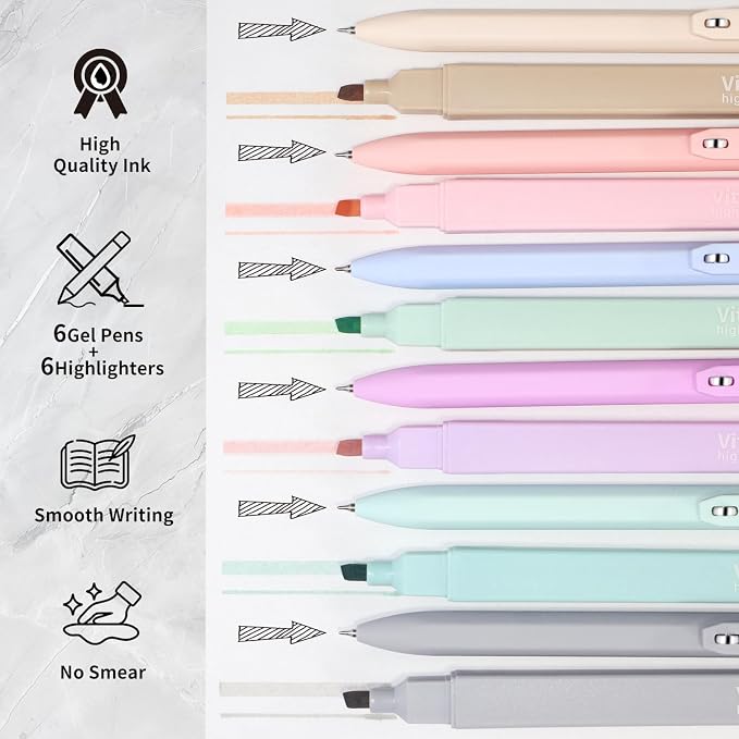 Piochoo Highlighters and Pens Set, 6 Aesthetic Highlighters and 6 Black Ink Gel - Image 2