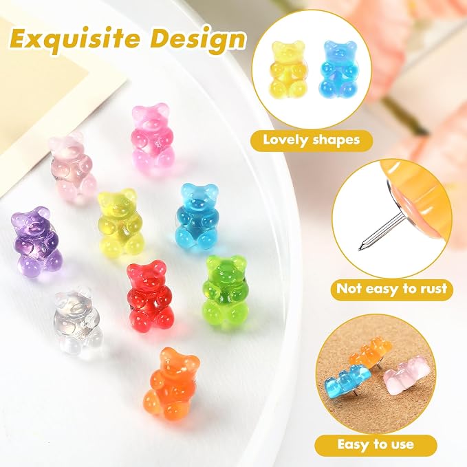 60Pcs Cute Bear Push Pins, 9 Colors Decorative Pushpins, Resin Bear Thumb Tacks - Image 2
