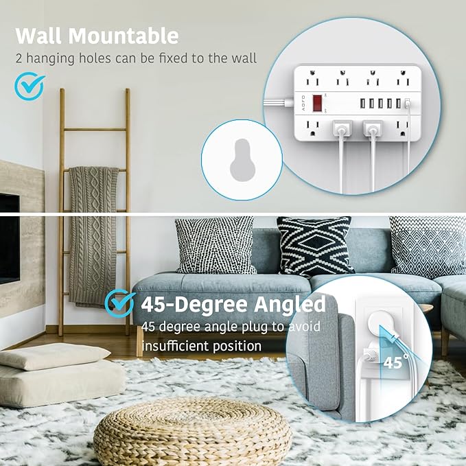 15ft Extension Cord Long Power Strip,AOFO 8 Widely-Spaced Outlets & 6 USB Ports Flat Plug Power Strip,Power Cord for Wall Mountable and Desktop White-DeskLoop Office