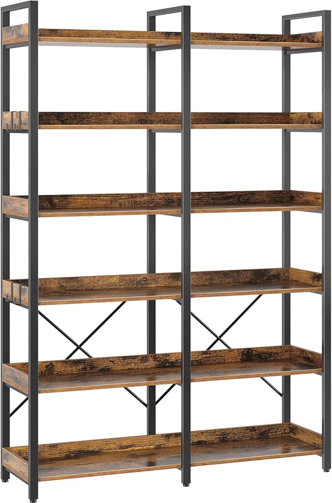 Seventable Bookshelf 6 Tier with 4 Hooks, 67” Industrial Wooden Bookcase, Vintage Storage Rack with Open Shelves, Rustic Standing Bookshelves Metal Frame 43.3” Wide Display Rack, Rustic Brown-DeskLoop Office
