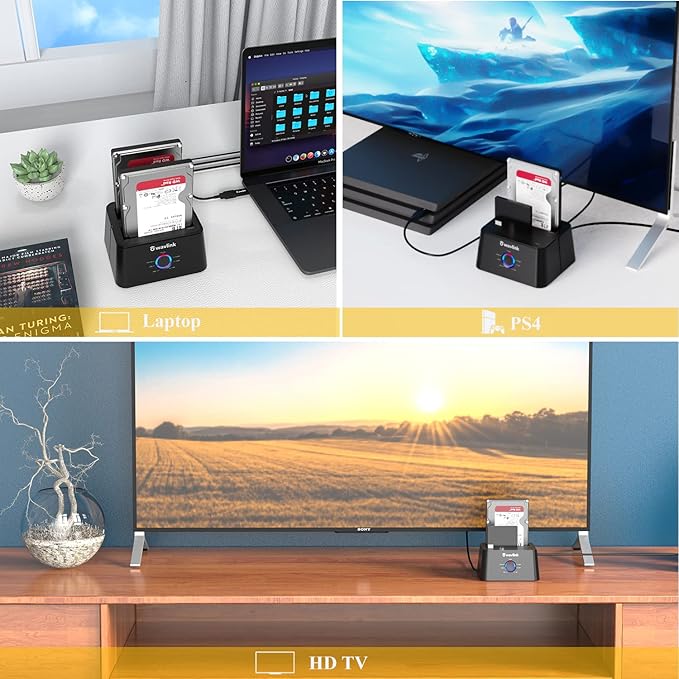 WAVLINK USB 3.0 and USB C to SATA Dual-Bay External Hard Drive Docking Station for 2.5/3.5 Inch HDD/SSD with UASP (6Gbps), Support Offline Clone/Duplicator Function [16TB X2 ]-Black-DeskLoop Office