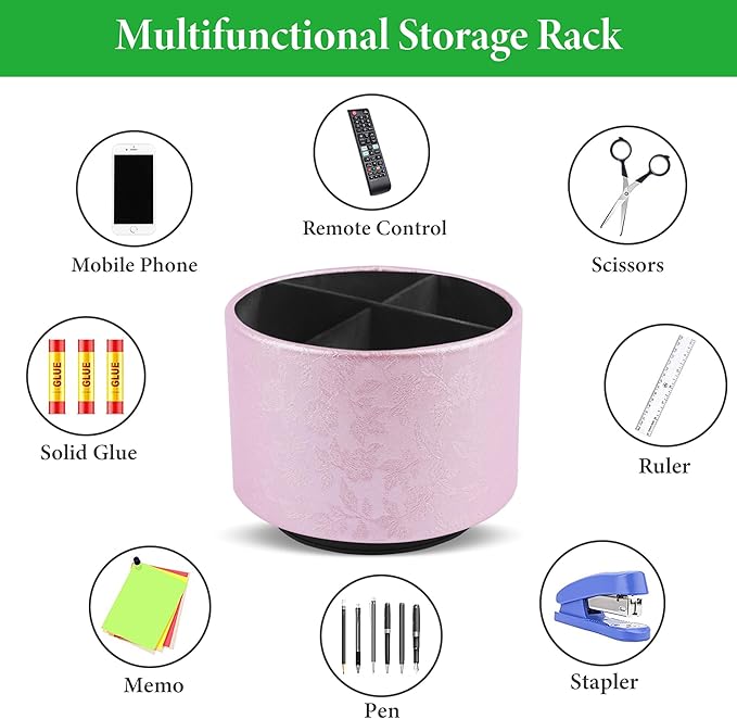 lizimandu Round Leather Art Supply Organizer,Remote Control Holder,360 Degree Spinning,Multi-Functional Pencil Holder,4 Compartments Desktop Stationary Organizer(1-Liuli Pink)-DeskLoop Office