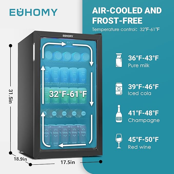 EUHOMY Beverage Refrigerator Cooler, 130 Can Mini Fridge with Glass Door for Soda Beer or Wine, Beverage Cooler for Home, Office, Bar with Adjustable Removable Shelves, Black-DeskLoop Office