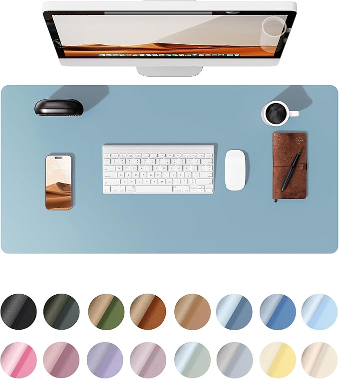 YSAGi Leather Desk Protector, Office Mat, Large Mouse Mat, Non-Slip PU Leather Blotter, Laptop Desk Pad, Waterproof Writing Pad for Office and Home (Ice Blue, 23.6" x 13.8")-DeskLoop Office