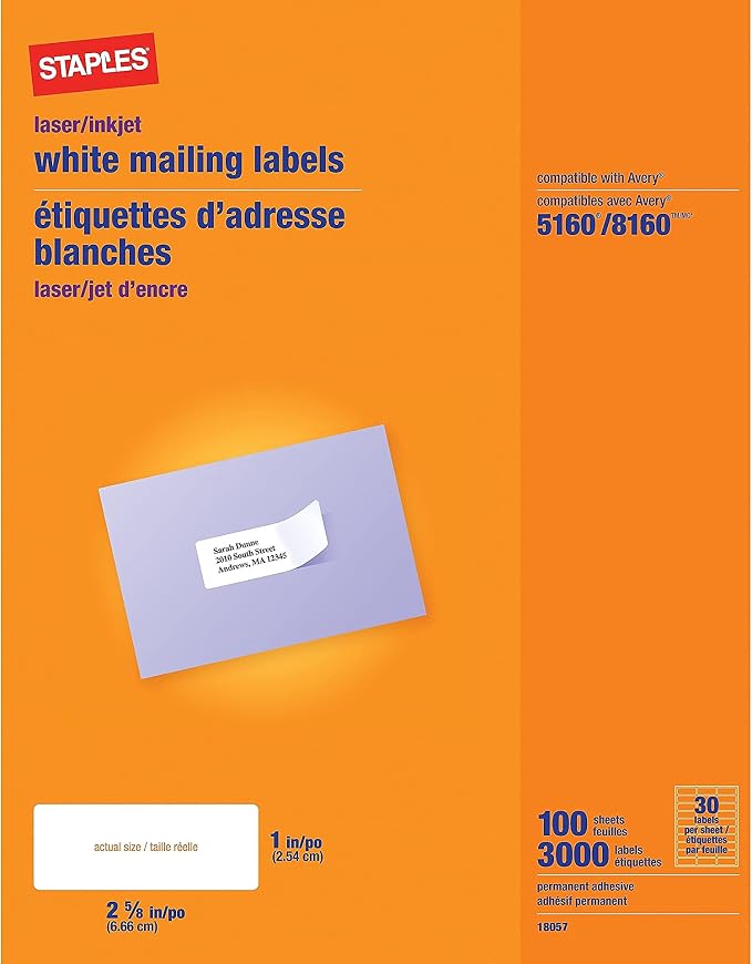 Staples 1" x 2-5/8" Address Labels, 30 Labels per Sheet by Staples