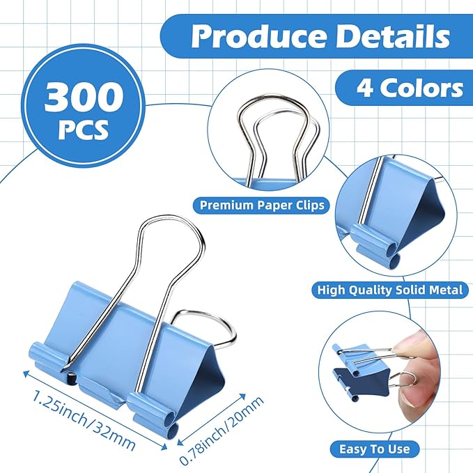 300 Pcs Medium Binder Clips Paper Clips Office Supplies Paper Clamps for Teachers Students School Office Business Paperwork Supplies (Assorted Colors, 1.25 Inch)-DeskLoop Office