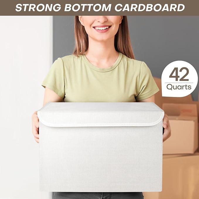 Large 17" 42 Quarts Collapsible Stackable Storage Bins with Lids [3-Pack] Foldable Fabric Linen Storage Boxes Cube, Closet Organizer Baskets with Label (16.7 x 12 x 12", White)-DeskLoop Office