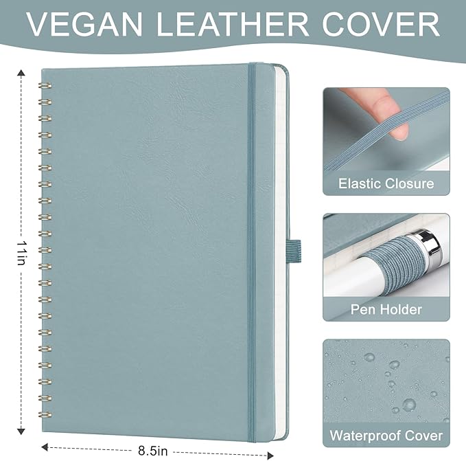 AHGXG Lined Spiral Notebook 8.5" x 11", A4 Large Notebooks for Women Men, Hardcover Leather Notebook College Ruled, 100 GSM Thick Paper, Notebooks for Work School Note Taking Writing, GrayBlue-DeskLoop Office