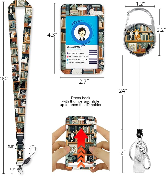 Book Cat Teacher Lanyards for ID Badges, Badge Holder Retractable Reel Clip | - Image 4