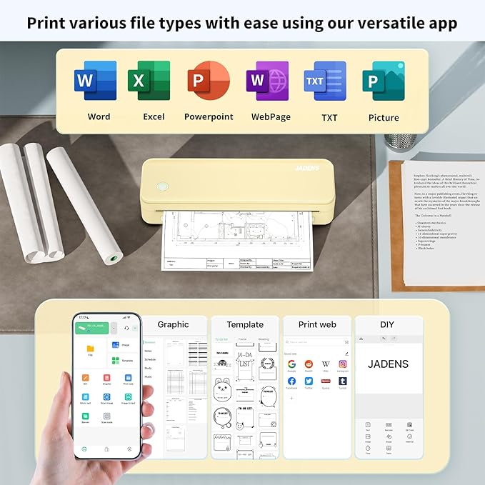 JADENS Portable Printers Wireless for Travel, Thermal Inkless Printer, Support 8.5" X 11" Thermal Paper(Yellow)-DeskLoop Office