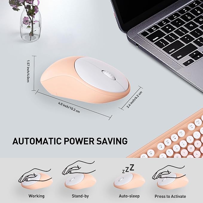 Wireless Keyboard and Mouse Combo, 105 Round Keys Full-Size Cute Colorful Pink Cordless Keyboard and Mouse with Retro Typewriter for PC/Mac/Laptop/Tablet/Computer/Windows Pink-DeskLoop Office
