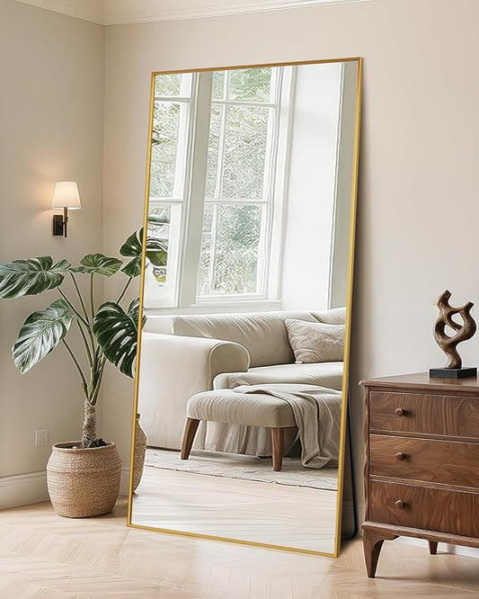 Full Length Mirror, 71"x28" Oversized Floor Mirror Freestanding, Full Body Mirror Floor Standing Mirrors with Stand, Hanging Mounted Mirrors for Bedroom Living Room, Gold, Rect Style-DeskLoop Office