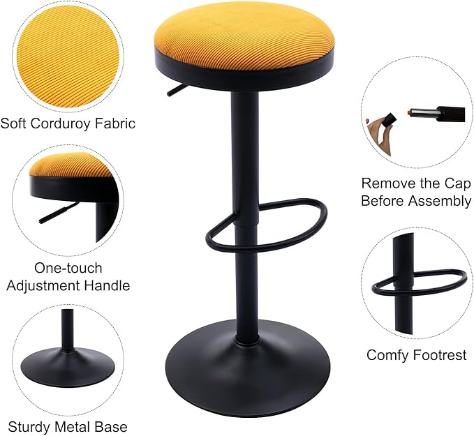 Round Swivel Counter Height Bar Stools Set of 1 Modern Adjustable Barstools Backless Corduroy Bar Chairs Industrial Island Chairs with Metal Base/Footrest for Kitchen Island/Pub, Yellow-DeskLoop Office