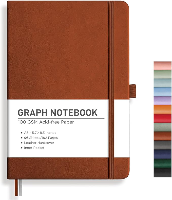 RETTACY Graph Grid Paper Notebook, 192 Pages, A5 Medium Size (5.7'' x 8.3''), 5 Squares per Inch, Leather Hardcover, 100 GSM Thick Paper, for School, Students, Math, Engineering (Brown)-DeskLoop Office