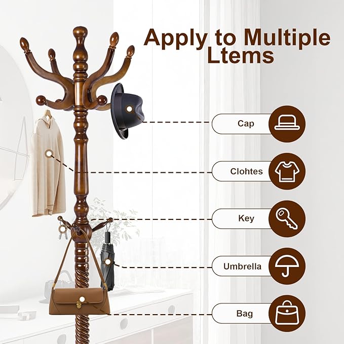 Solid Wood Coat Rack – 74.8" Freestanding Coat Racks Stand with 11 Hooks & Stable Base, Adjustable Height Modern Wooden Hall Tree for Entryway, Bedroom, Office, Home (Walnut Triangle)-DeskLoop Office
