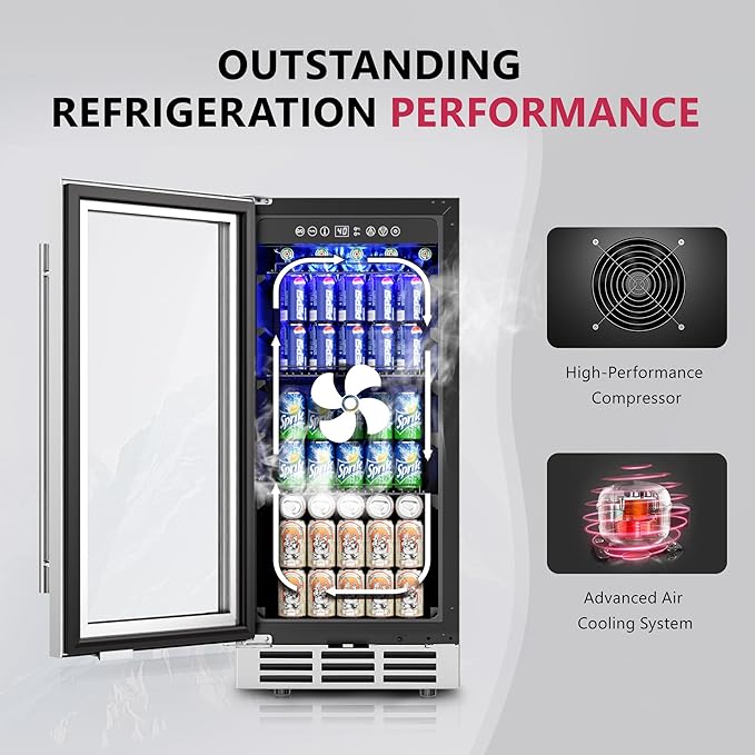 15'' Beverage Refrigerator Cooler - 126 Cans Under Counter Beverage Fridge with LED Light, Built-in Design, Wine Cooler for Home/Kitchen-DeskLoop Office