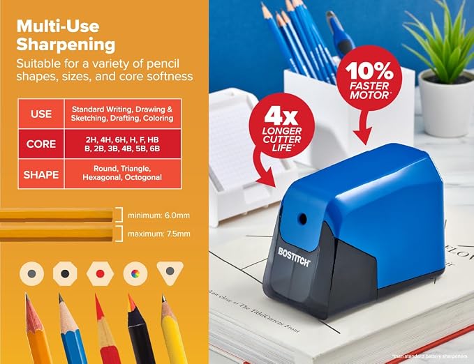 Bostitch Office Battery Pencil Sharpener, 4X Longer Cutter Life, Tip Saver - Image 2