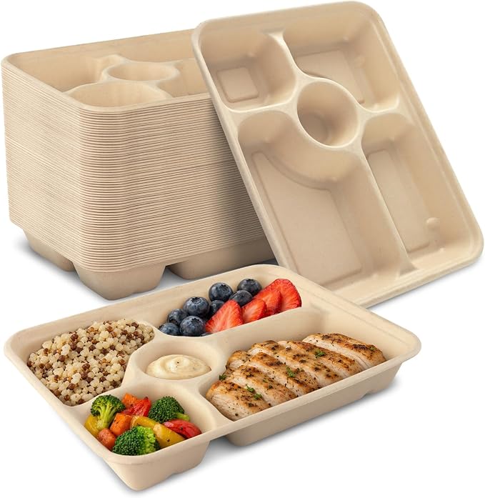 60Pack 5 Compartment Disposable Paper Plates by VEIZEDD