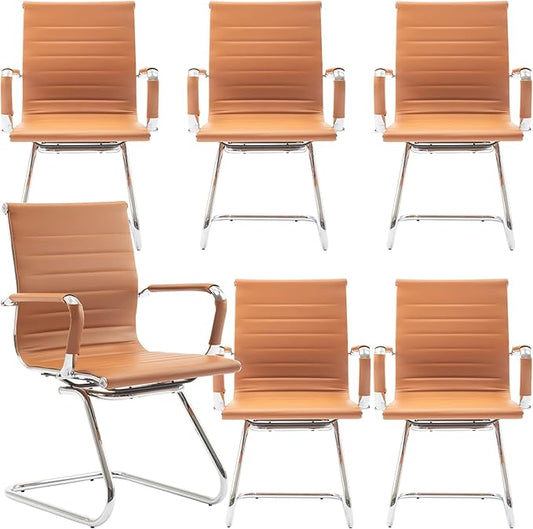 Office Desk Chair No Wheels Set of 6 PU Leather Computer Chairs Mid Back Guest Chairs for School Reception Conference Waiting Room, Terracotta-DeskLoop Office