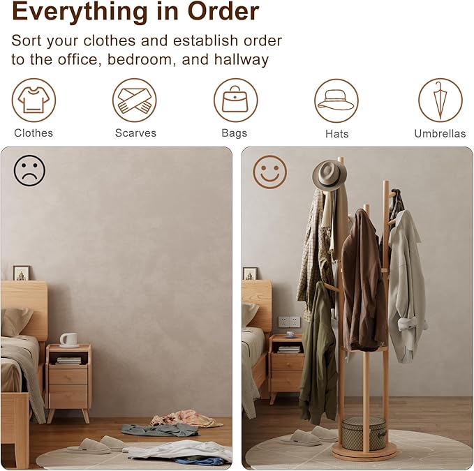 Solid Wood Rotary Coat Rack, Freestanding Coat Rack with 3 Shelves and 9 Hooks, Coat tree for Bedroom, Entryway, Livingroom, Coat Hanger Stand for Coats, Scarves, Handbags (Natural)-DeskLoop Office
