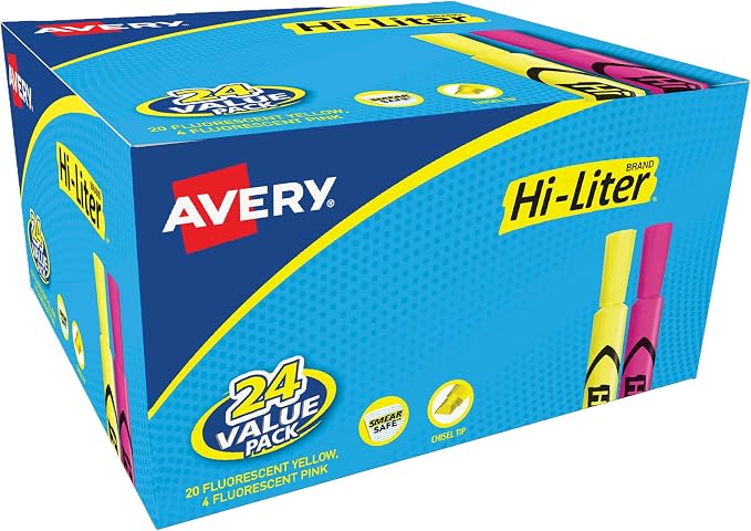 Avery Hi-Liter, Desk Style, Chisel Tip, 24 Pink and Yellow Highlighters by Avery