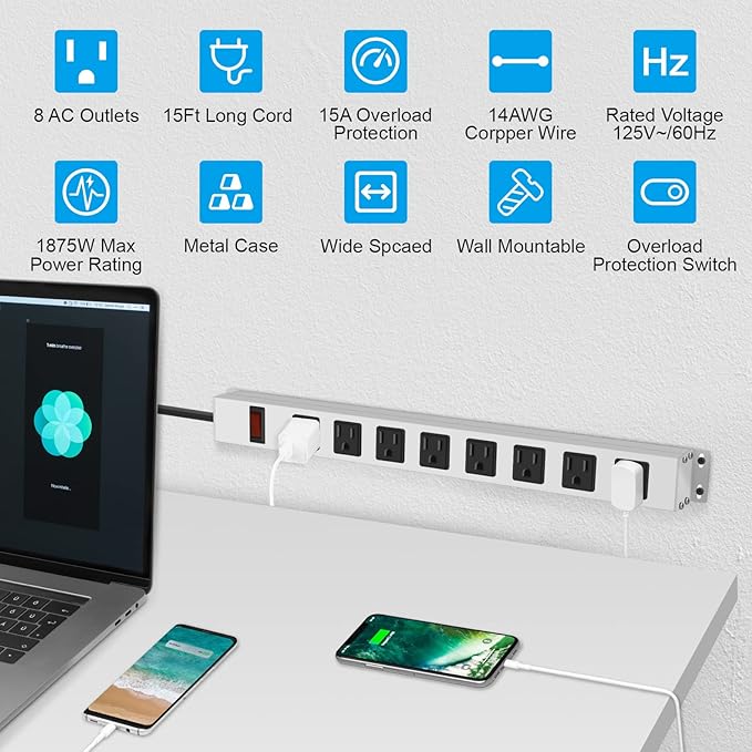 JUNNUJ Metal 8 Outlet Power Strip, Mountable Heavy Duty Power Strip, 1200J Surge Protector Wall Mount Screws Outlet with Switch, Gaming Desk Strips Wide Spaced 15A 125V 1875W, 15 FT 14AWG Power Cord-DeskLoop Office