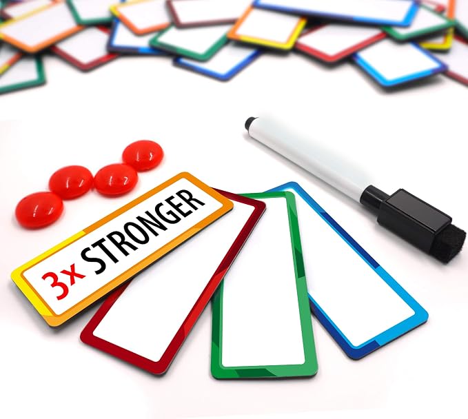 32 Pieces Strong Dry Erase Magnetic Labels 3.3" x 1.3" | Writable Magnetic Name by CHIMPZEN