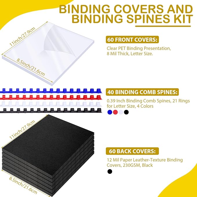 160 Pack Binding Covers and Combs kit 8.5x11 Inches Include 60 Pcs 12 mil Leather Texture Binding Cover 60 Pcs 8 mil Clear PET Presentation Covers 40 Pcs Binding Combs Letter Size(Multi Color)-DeskLoop Office