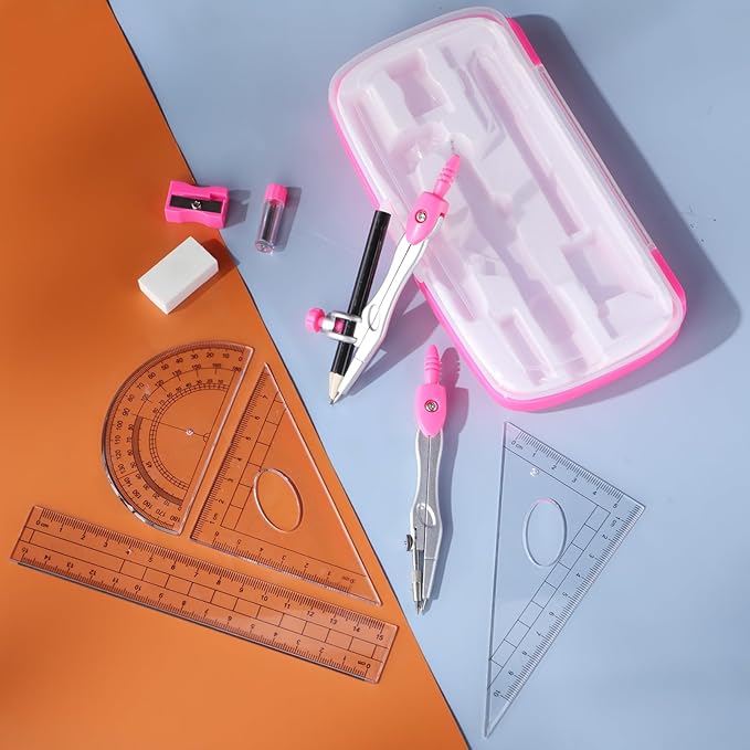 Zonon Math Geometry Set 10 Pcs Student Supplies with Shatterproof Storage Box, Includes Rulers Protractor Compass Pencil Sharpener Lead Refills Eraser Pencil for Drafting and Drawings(Pink)-DeskLoop Office